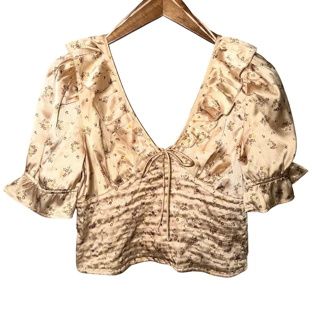 Free People Floral Milkmaid Top Small Satin Puff Sleeve Pintuck Cottagecore Gold
